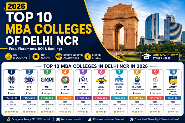 Explore the Top 10 MBA colleges in Delhi NCR for 2026 with updated fees, placements, ROI, and rankings. Compare FMS, IIFT, MDI, IIM Rohtak & more to choose the best B school for your career.